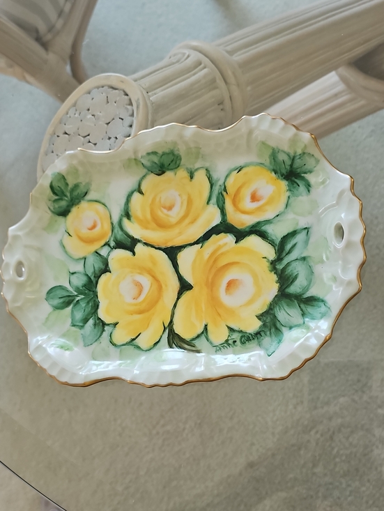 Other - Beautiful Vintage Hand-Painted Yellow Roses Porcelain Serving Tray/Platter